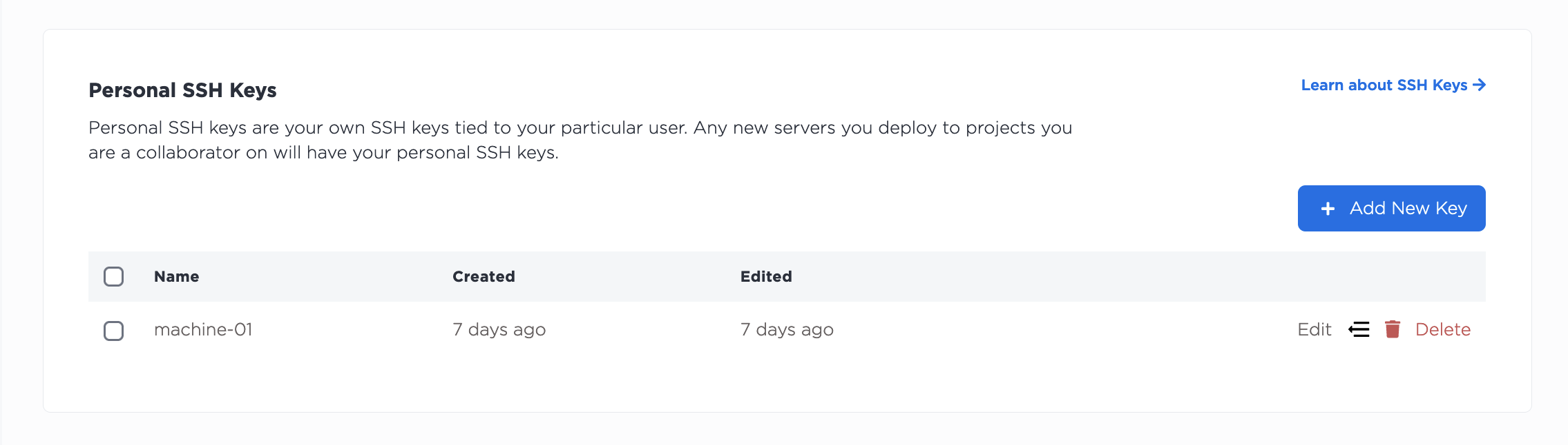 Deleting an SSH Key from the Console