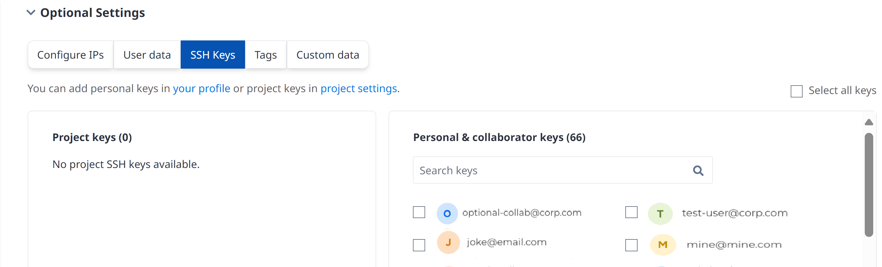 SSH Keys List in the Console