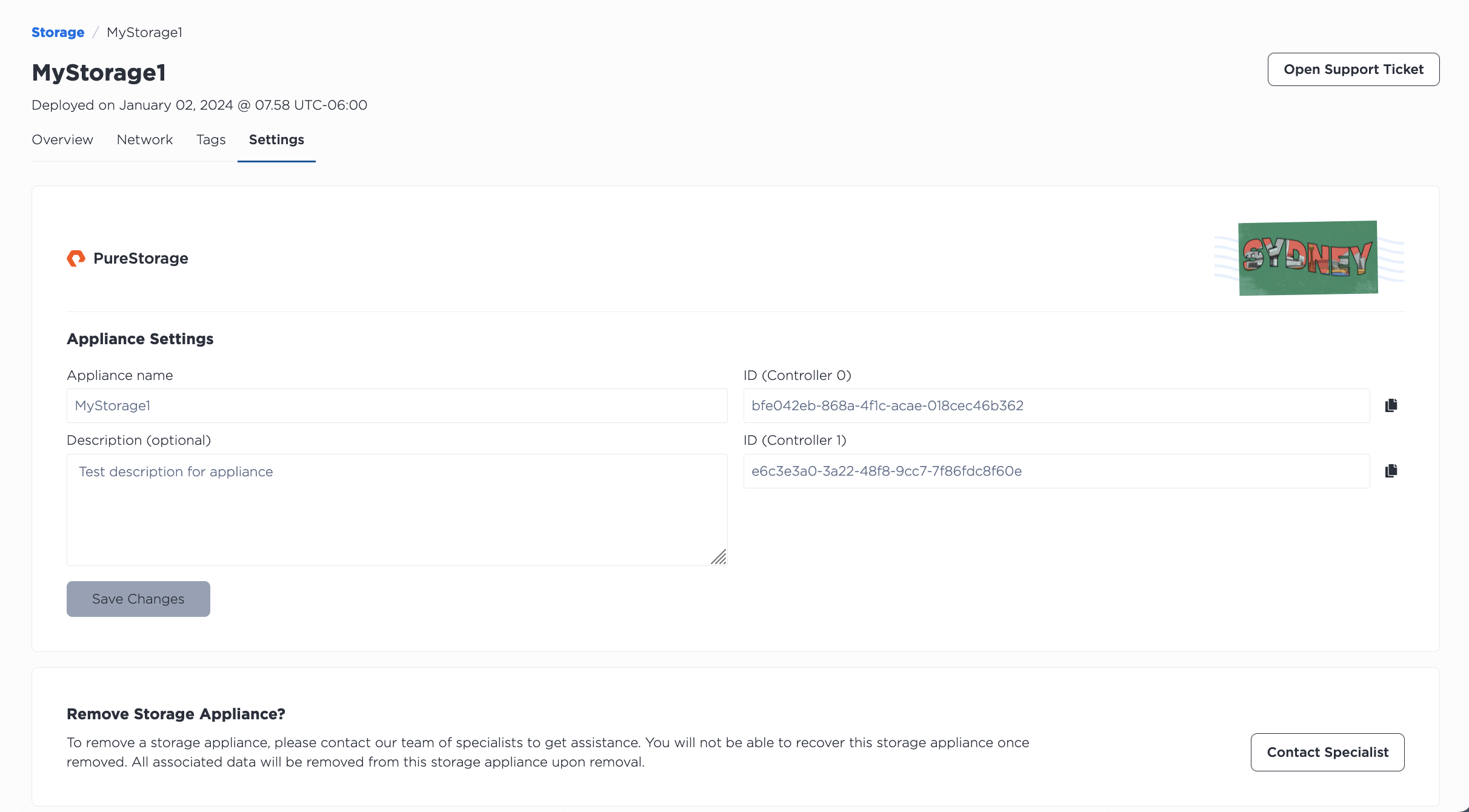 Storage Appliance Settings Tab in the Console