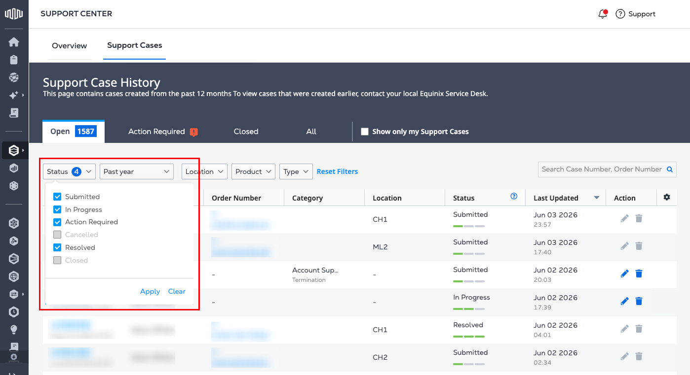 Support case history status filter menu