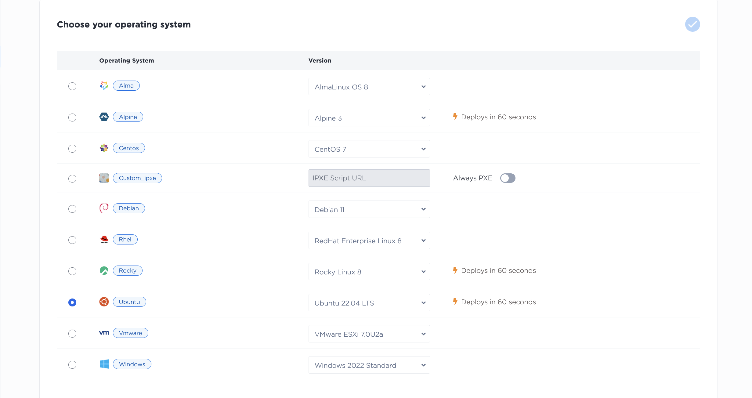 On Demand Operating System Selection in the Console