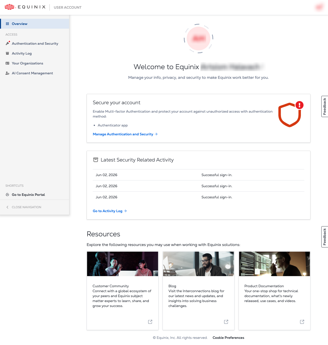 User Account portal home page
