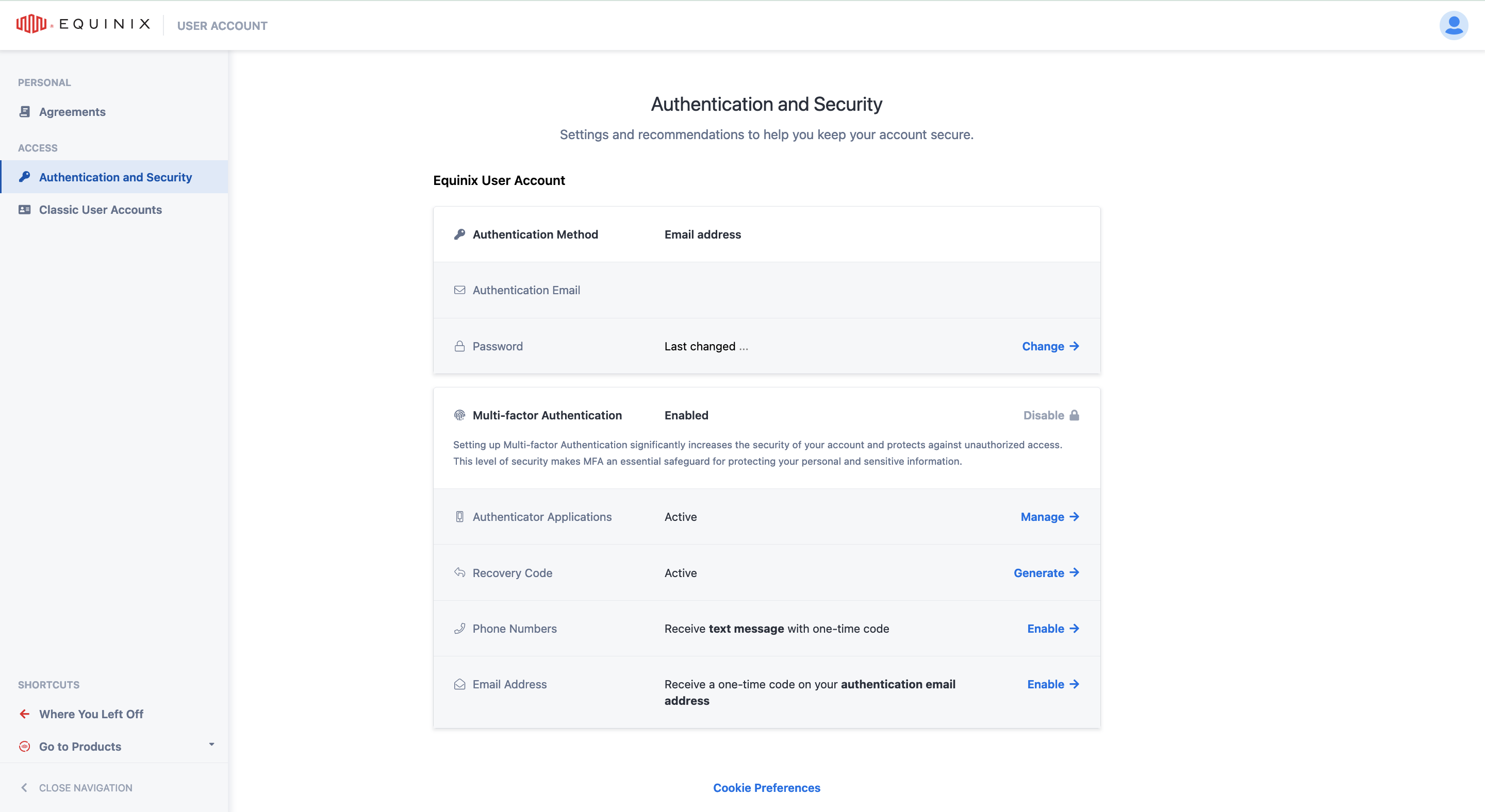 The Equinix User Account Page