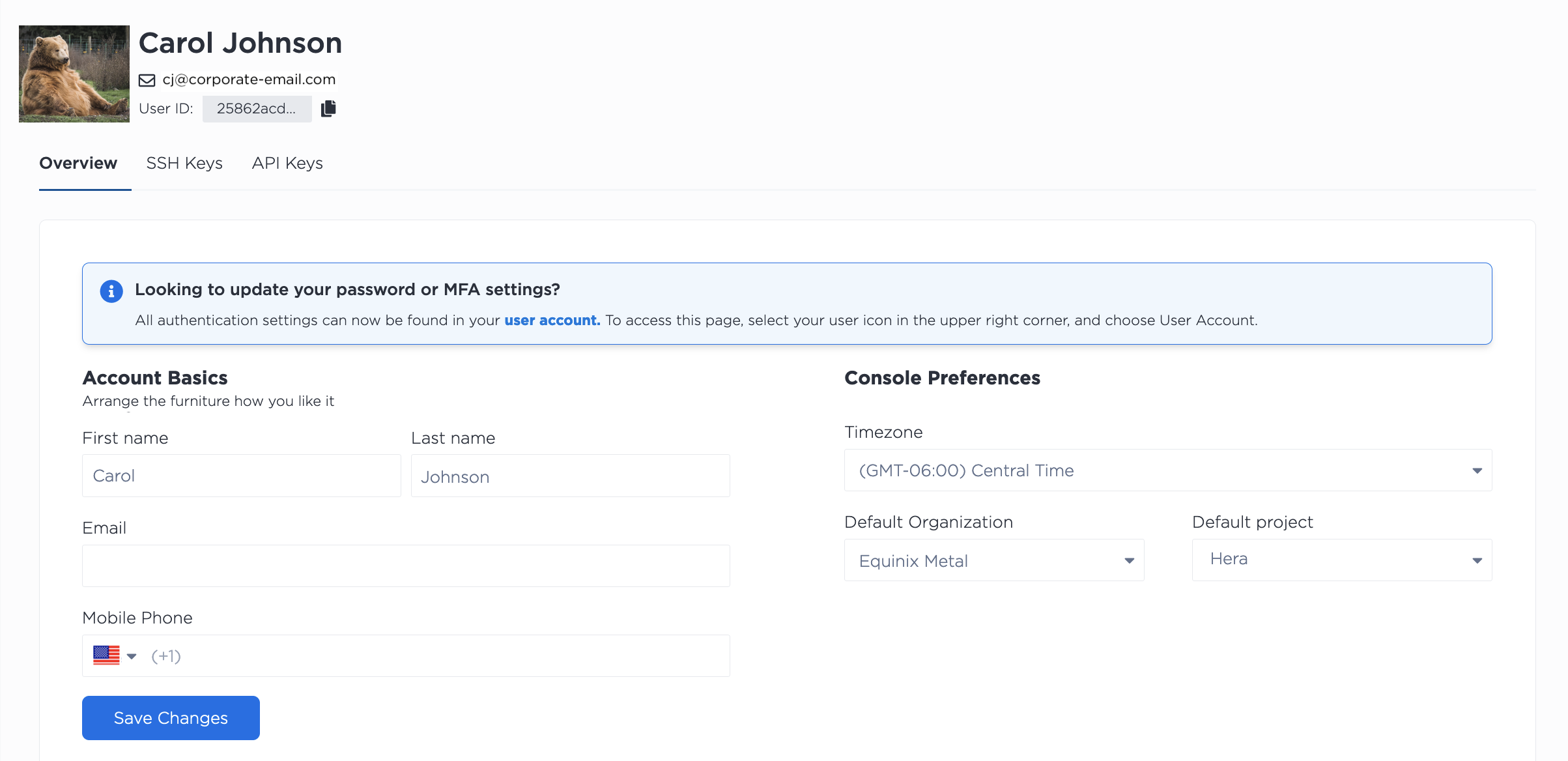 The My Profile page in the Console
