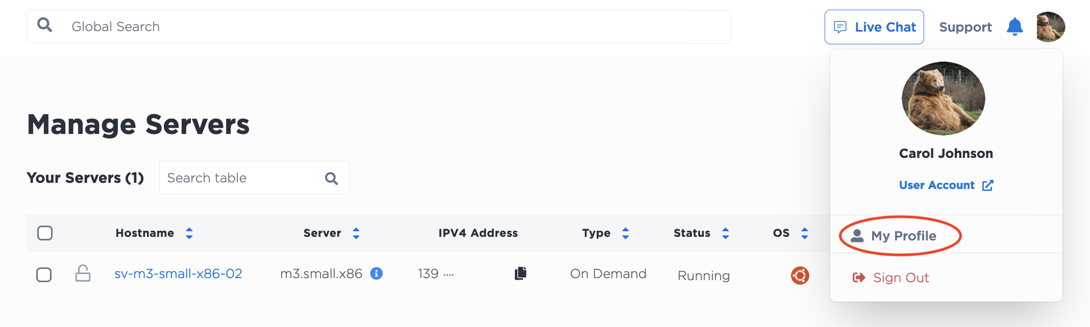 The My Profile Link in the Console