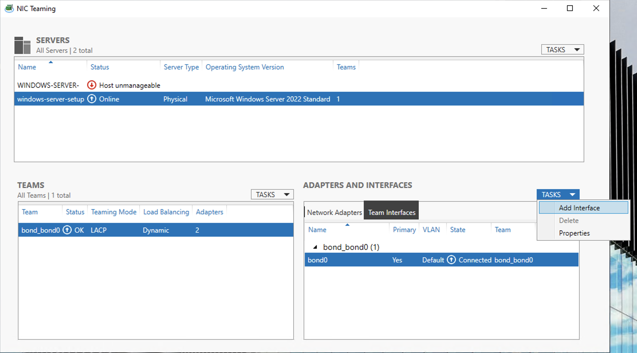 Adding an Interface from NIC Teaming