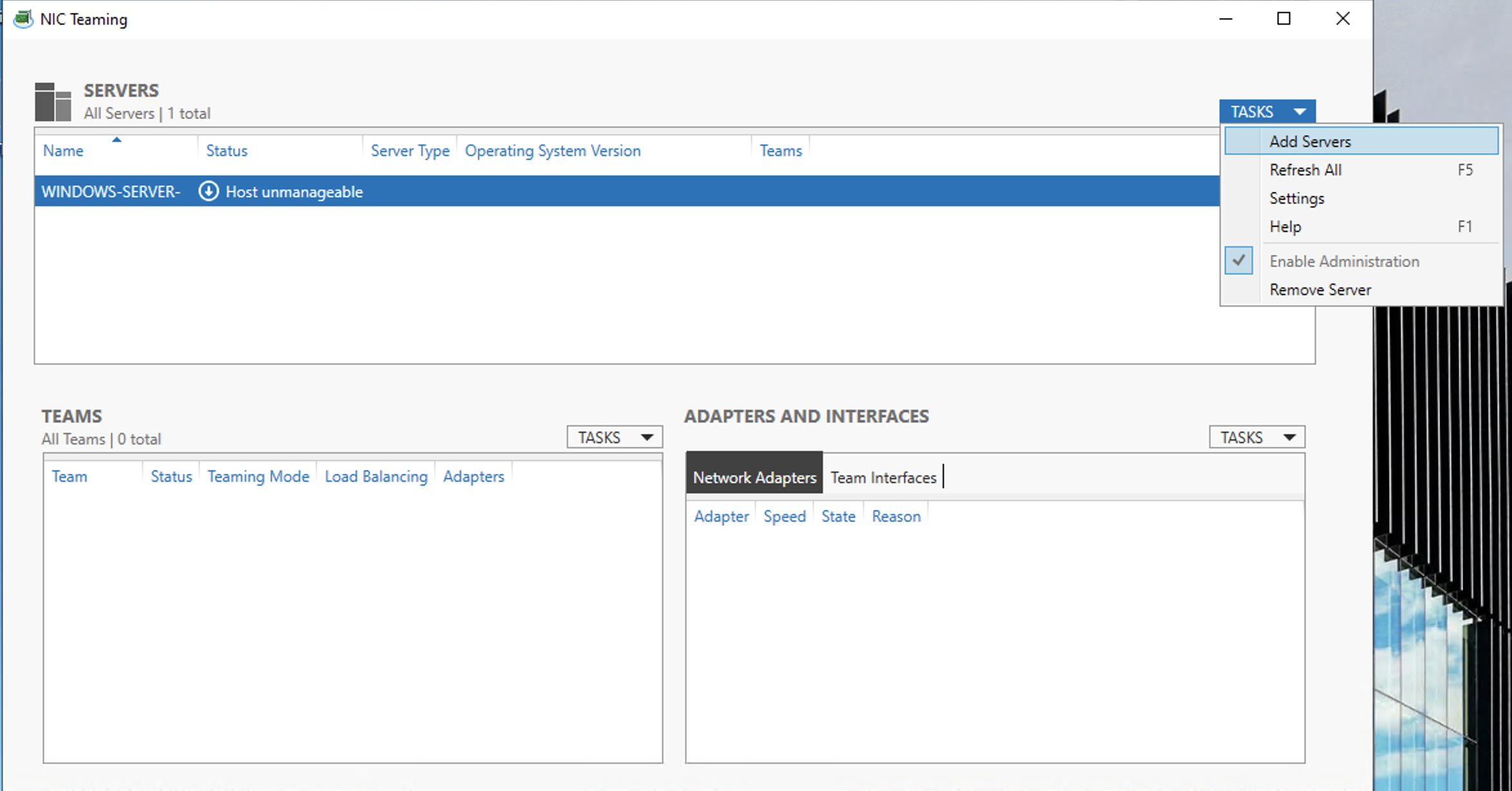 Adding a Server to the NIC Teaming Configuration