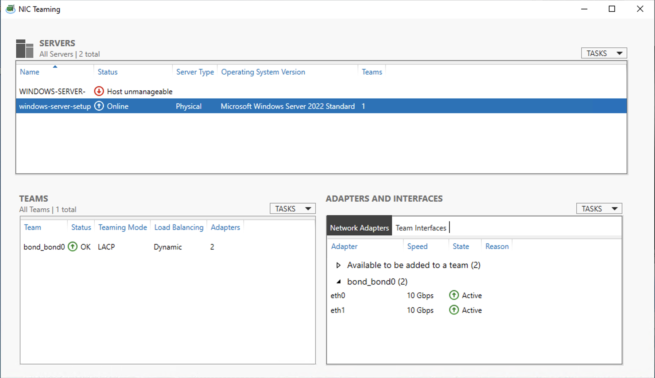 Local Server NIC Teaming Interfaces