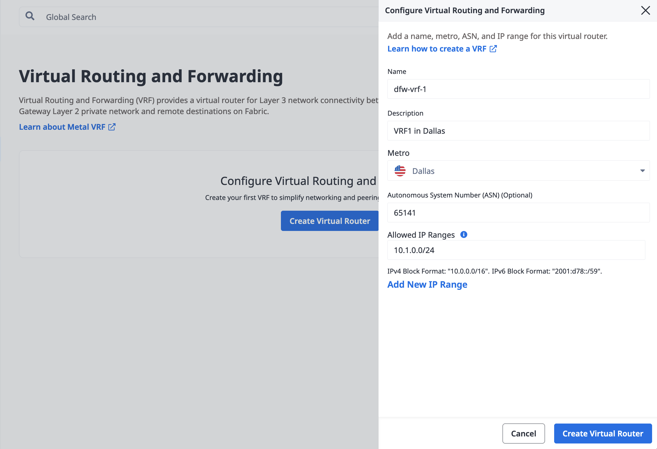 Creating a VRF in the Console