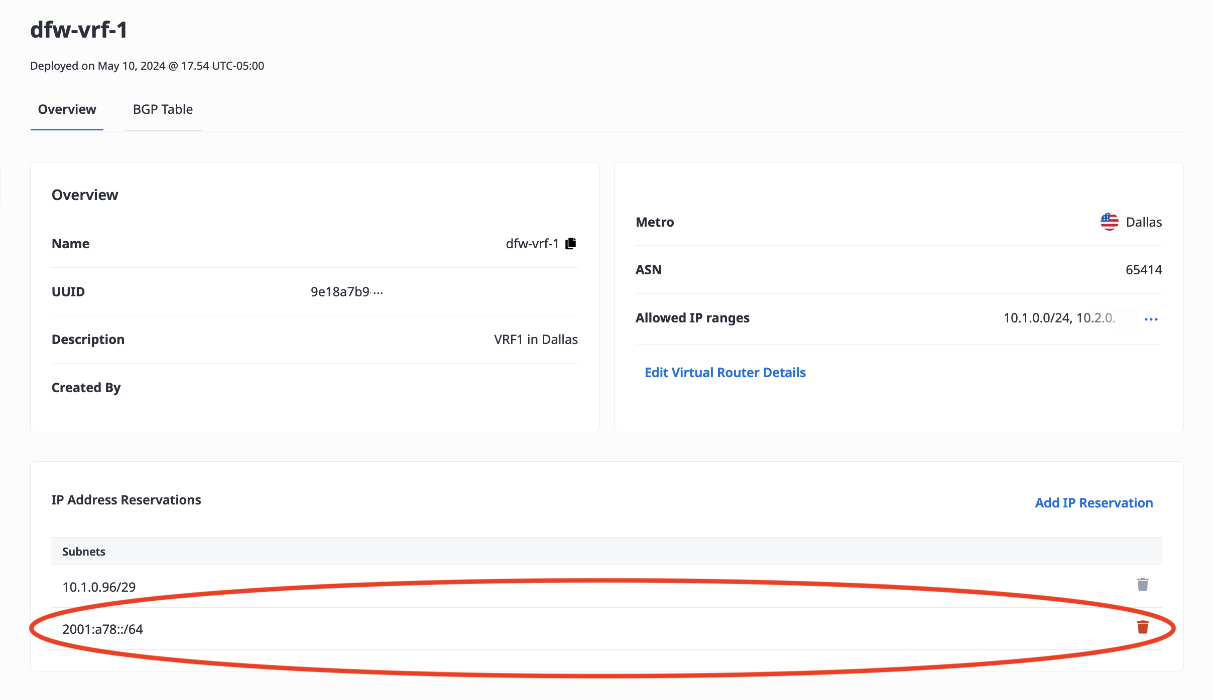 Deleting an IP Address Reservation from a VRF