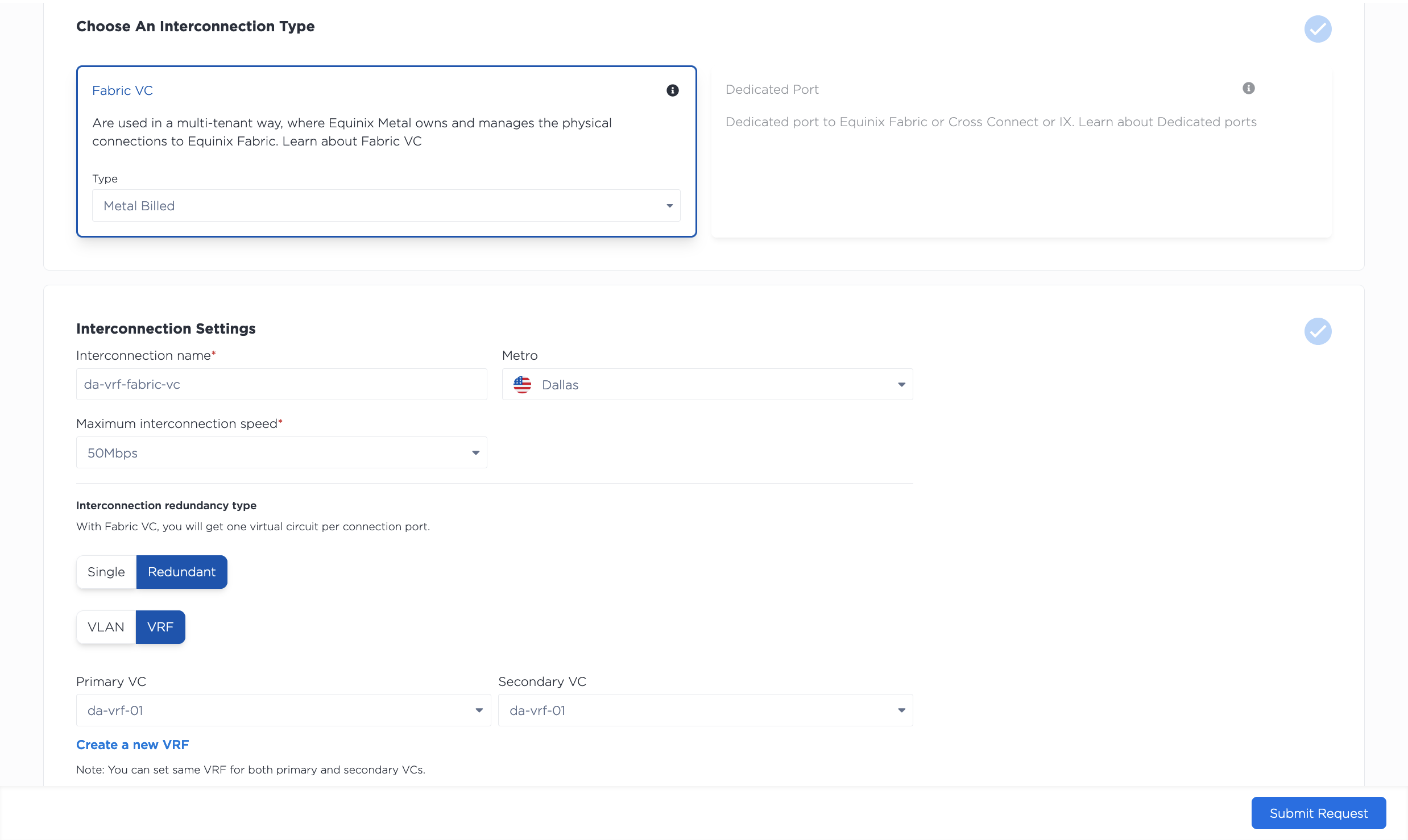 Selecting a VRF for a Fabric VC in the console