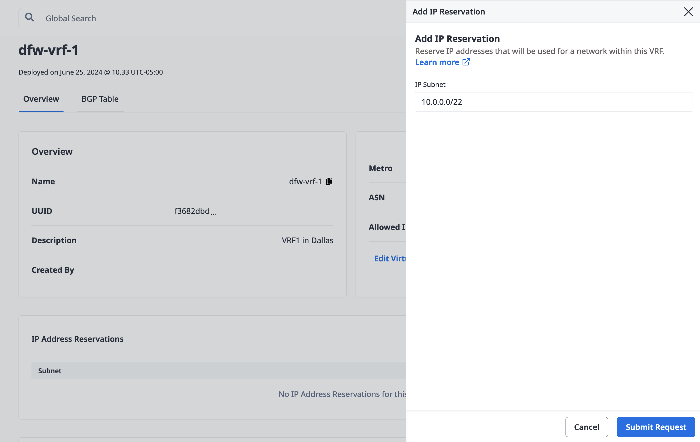 The Add IP Reservation pane in the Console