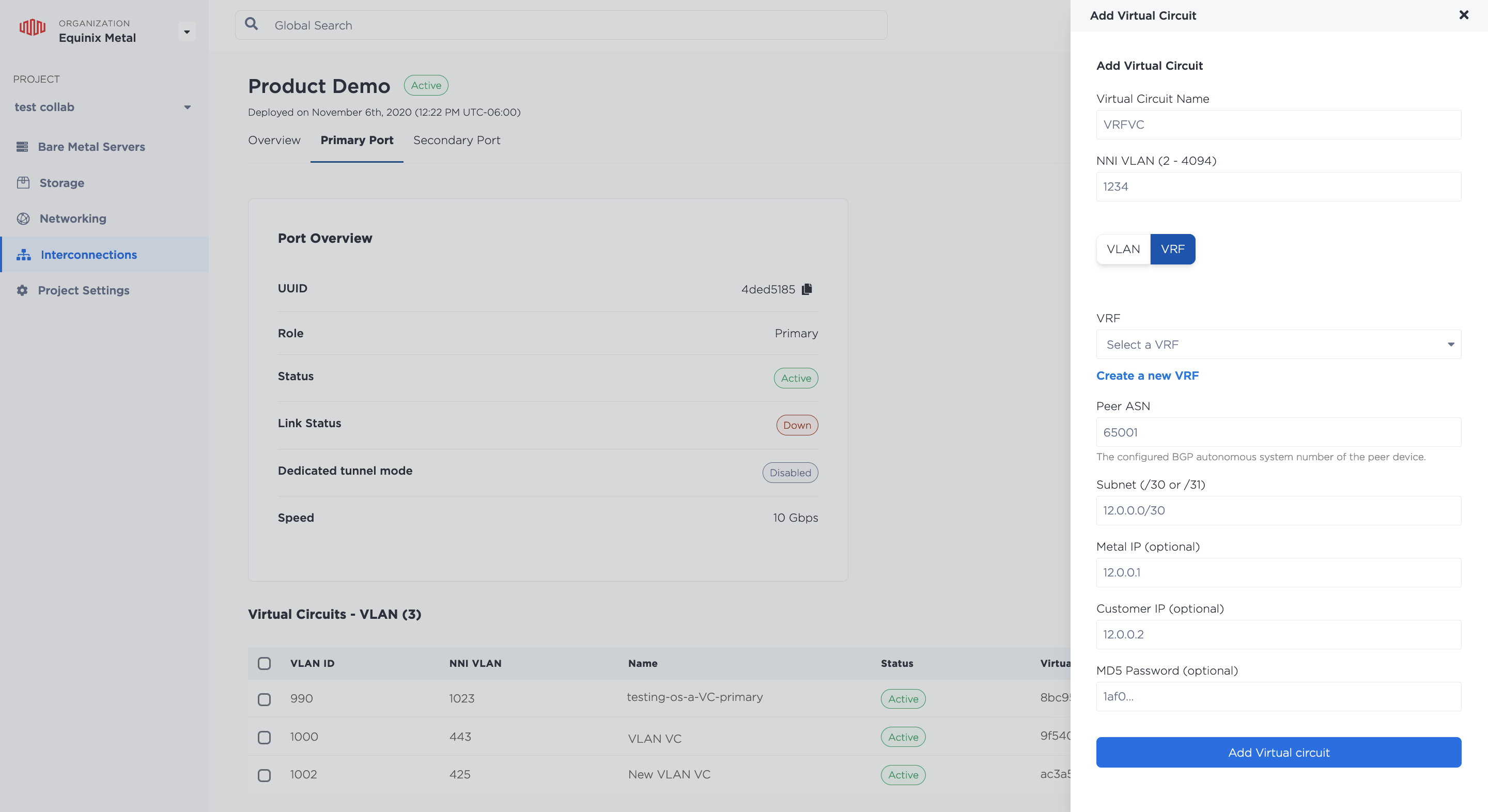 Adding a VRF VC to a Dedicated Port in the Console
