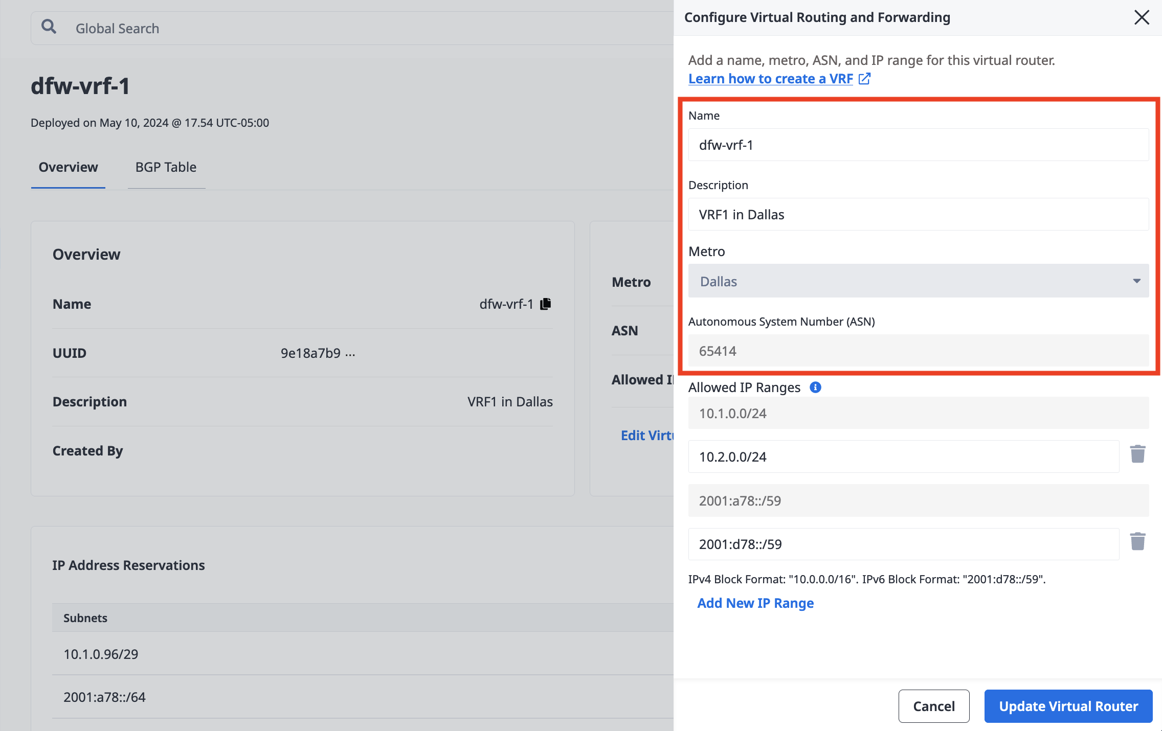 Updating the Virtual Router Details in the Console