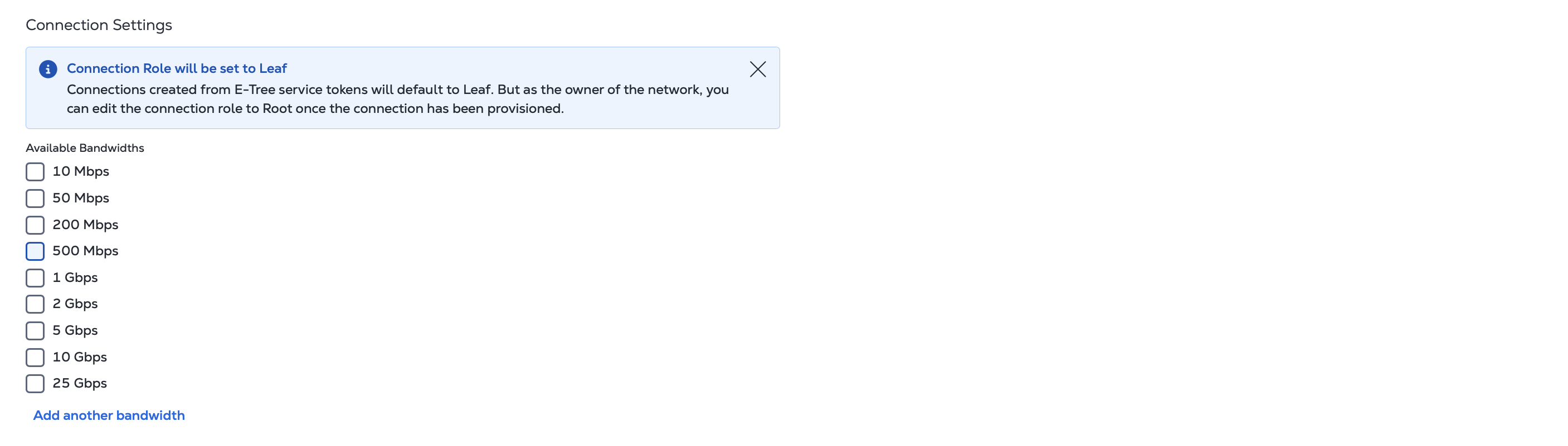 Screenshot of the network connection options