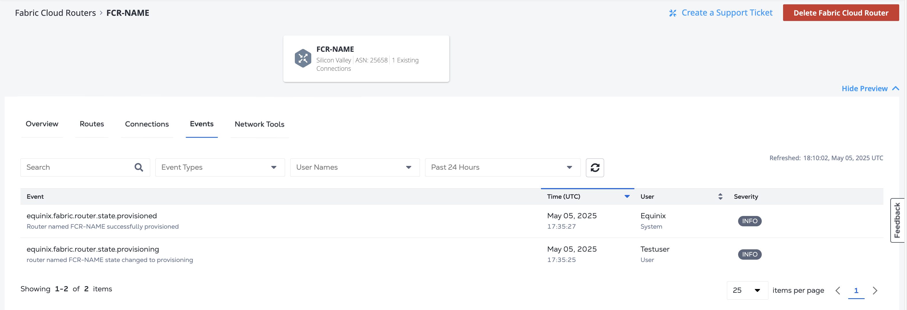 Screenshot of a router's Events tab
