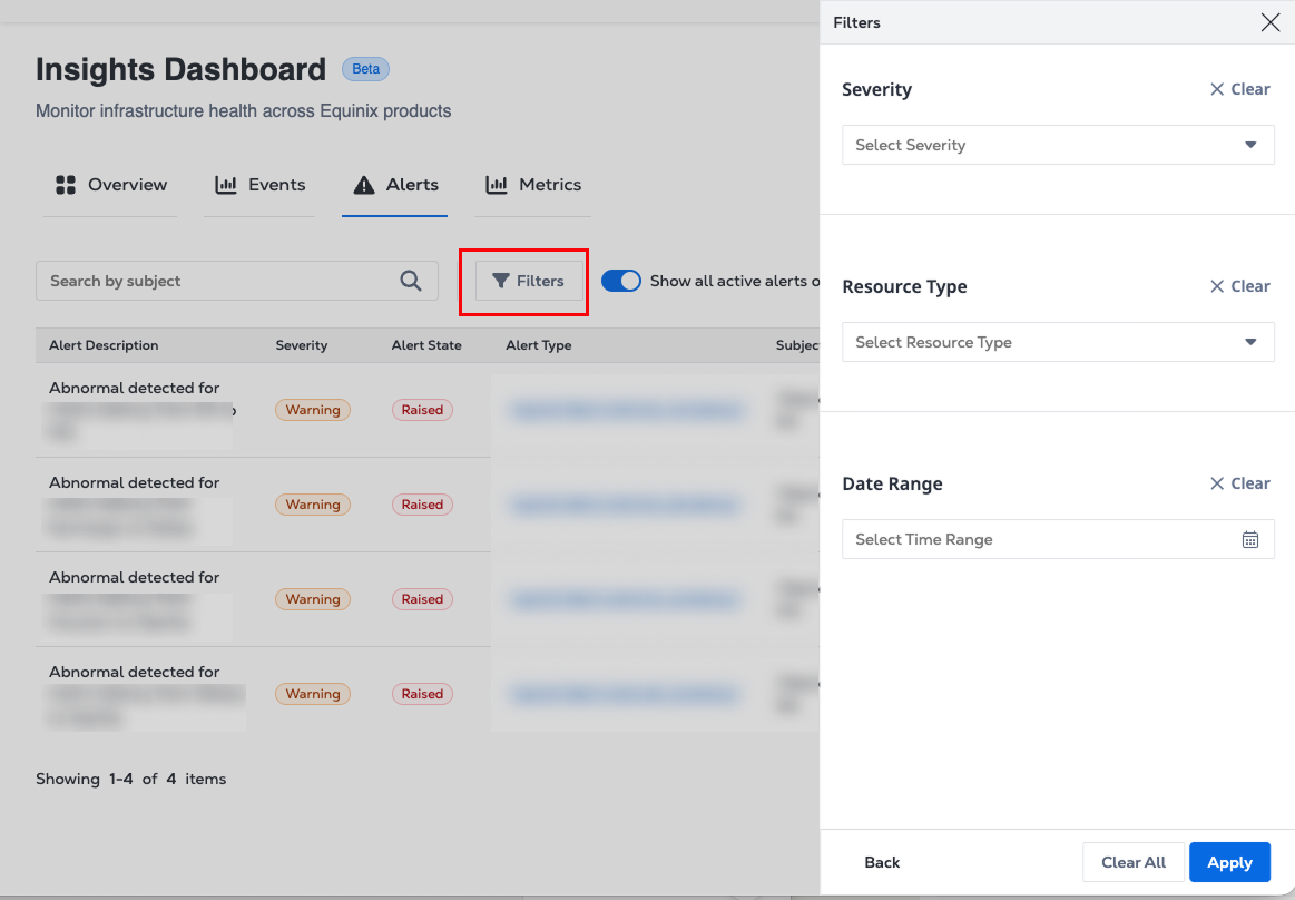 Filtros de alertas del panel de control de Insights