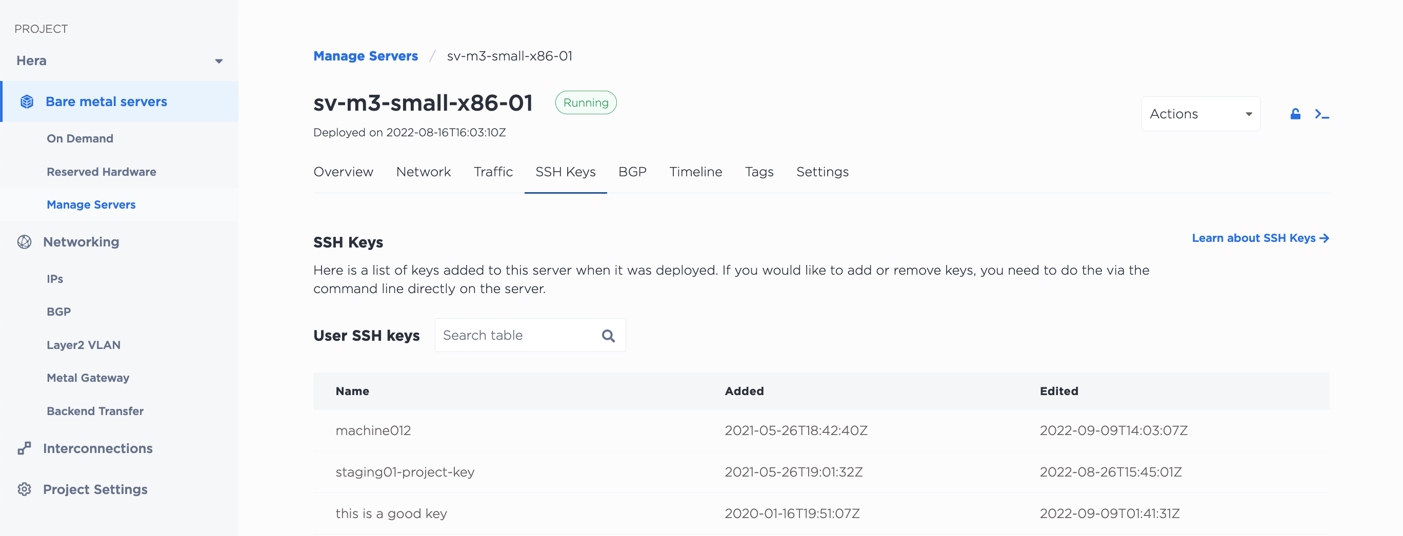Server's SSH Keys List