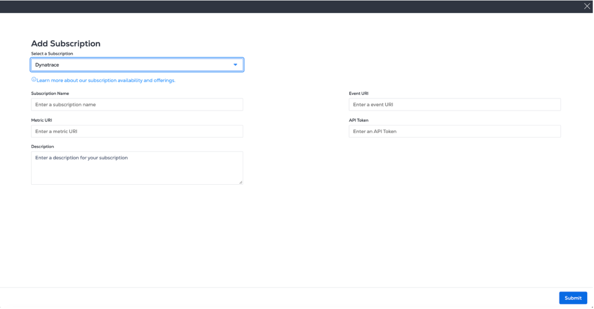 Capture d’écran de la boîte de dialogue d’abonnement Dynatrace