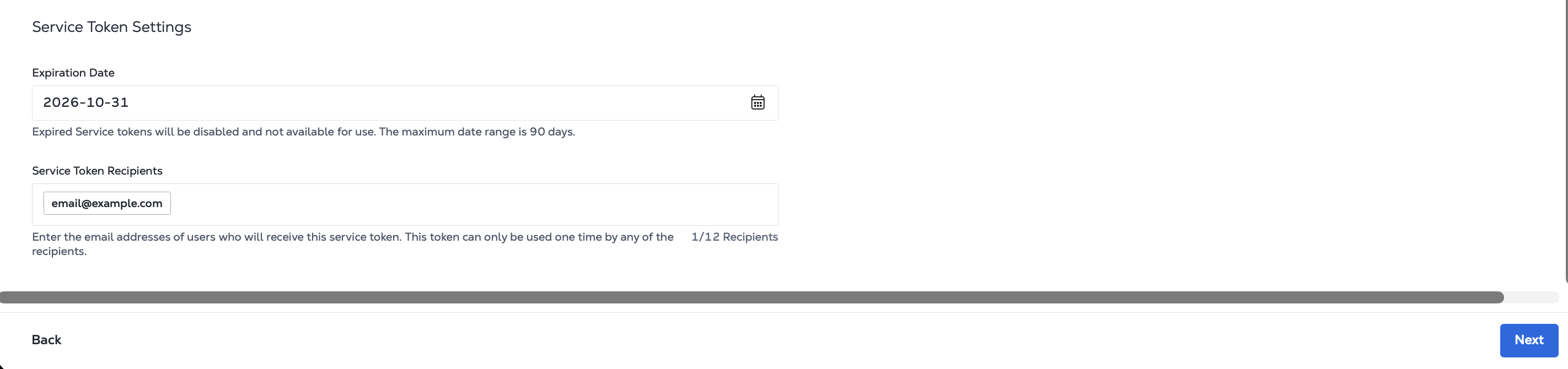 Screenshot of the service token settings