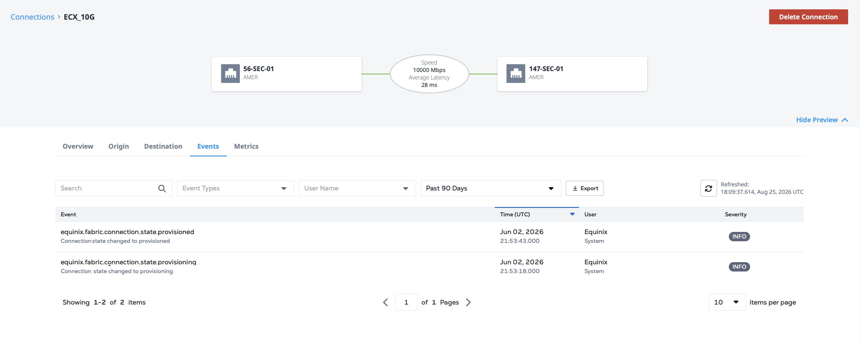 Screenshot of a connection's Events tab