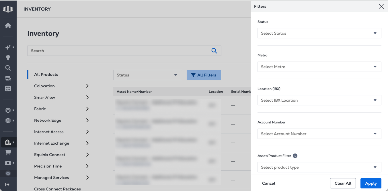 Asset/Product filter options
