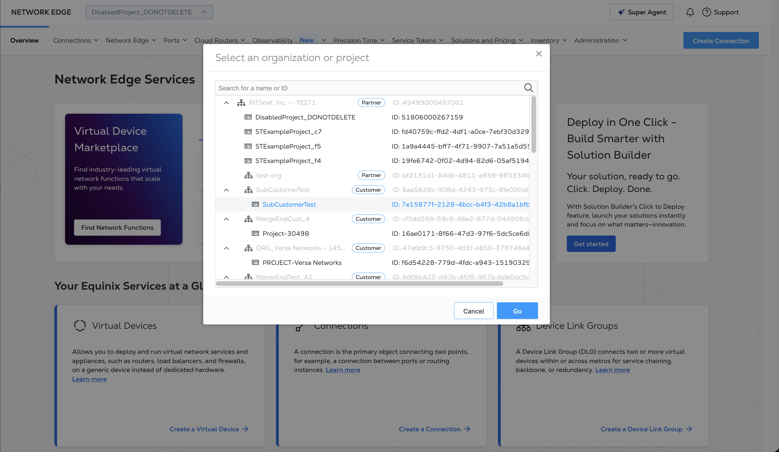Screenshot of Project List