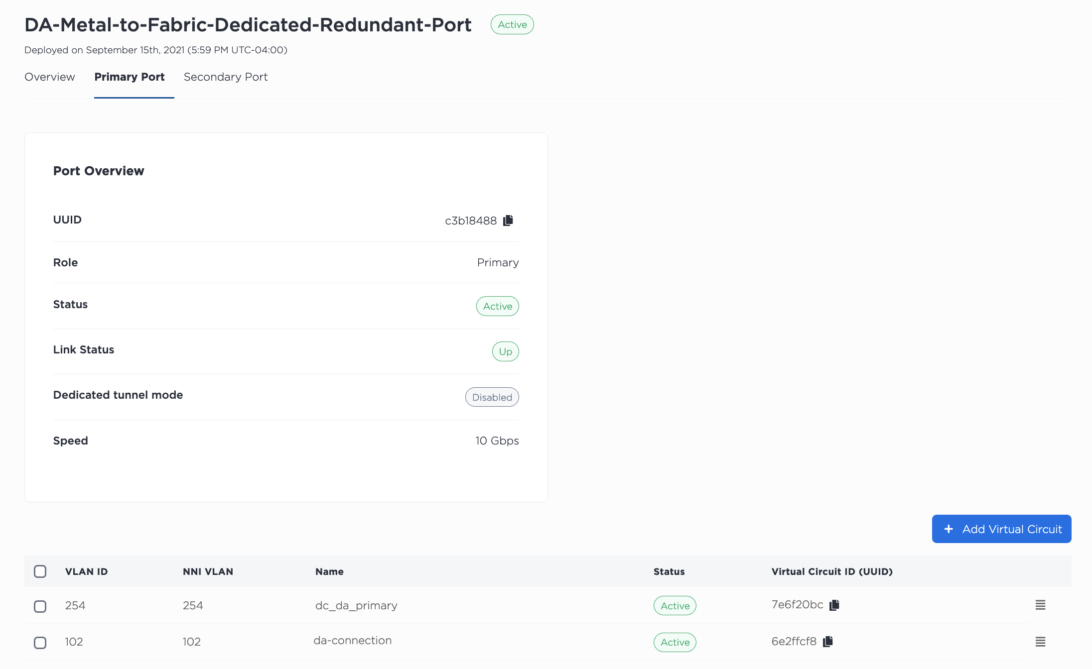 Primary Port tab in the Console