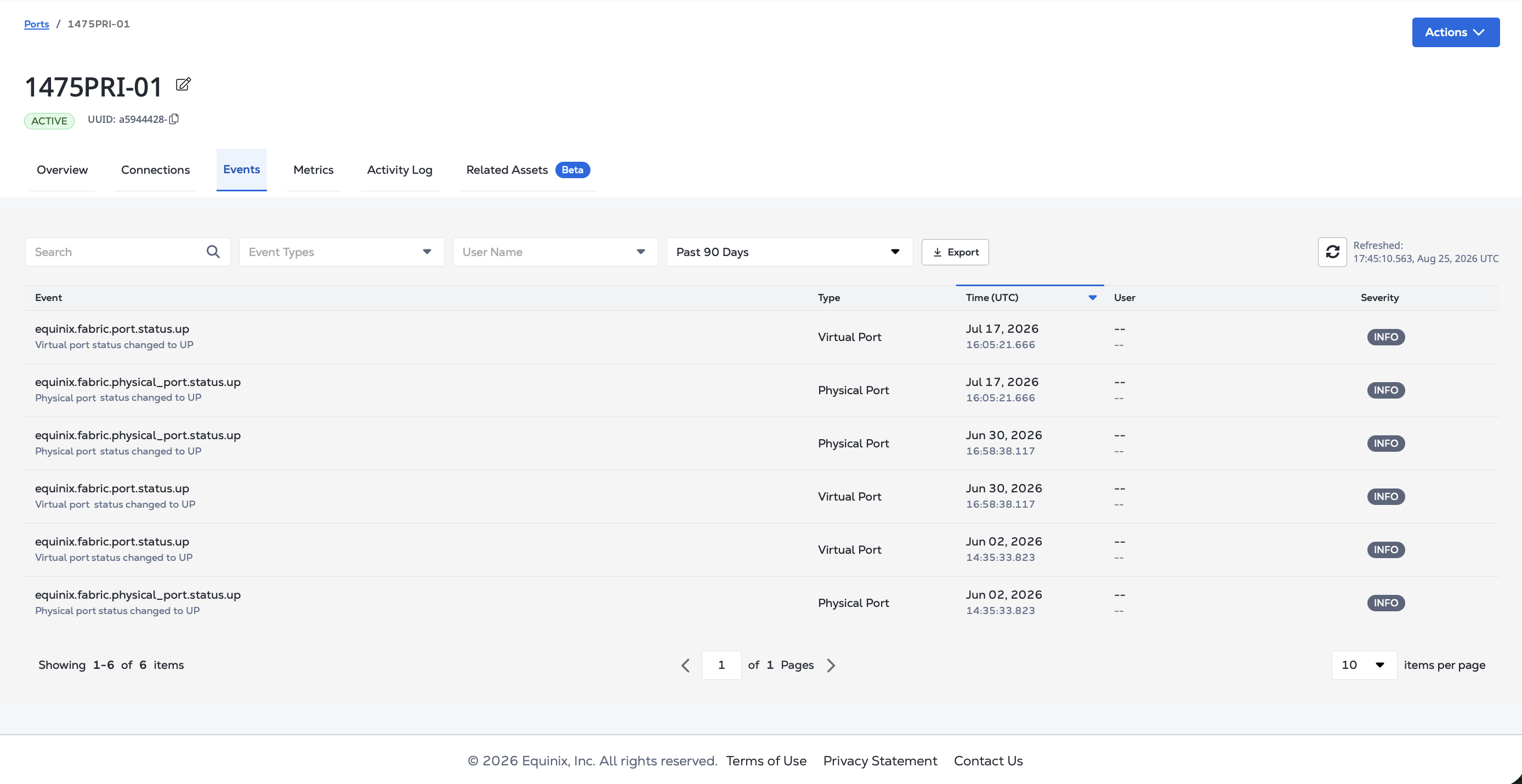 Screenshot of a port's Events tab