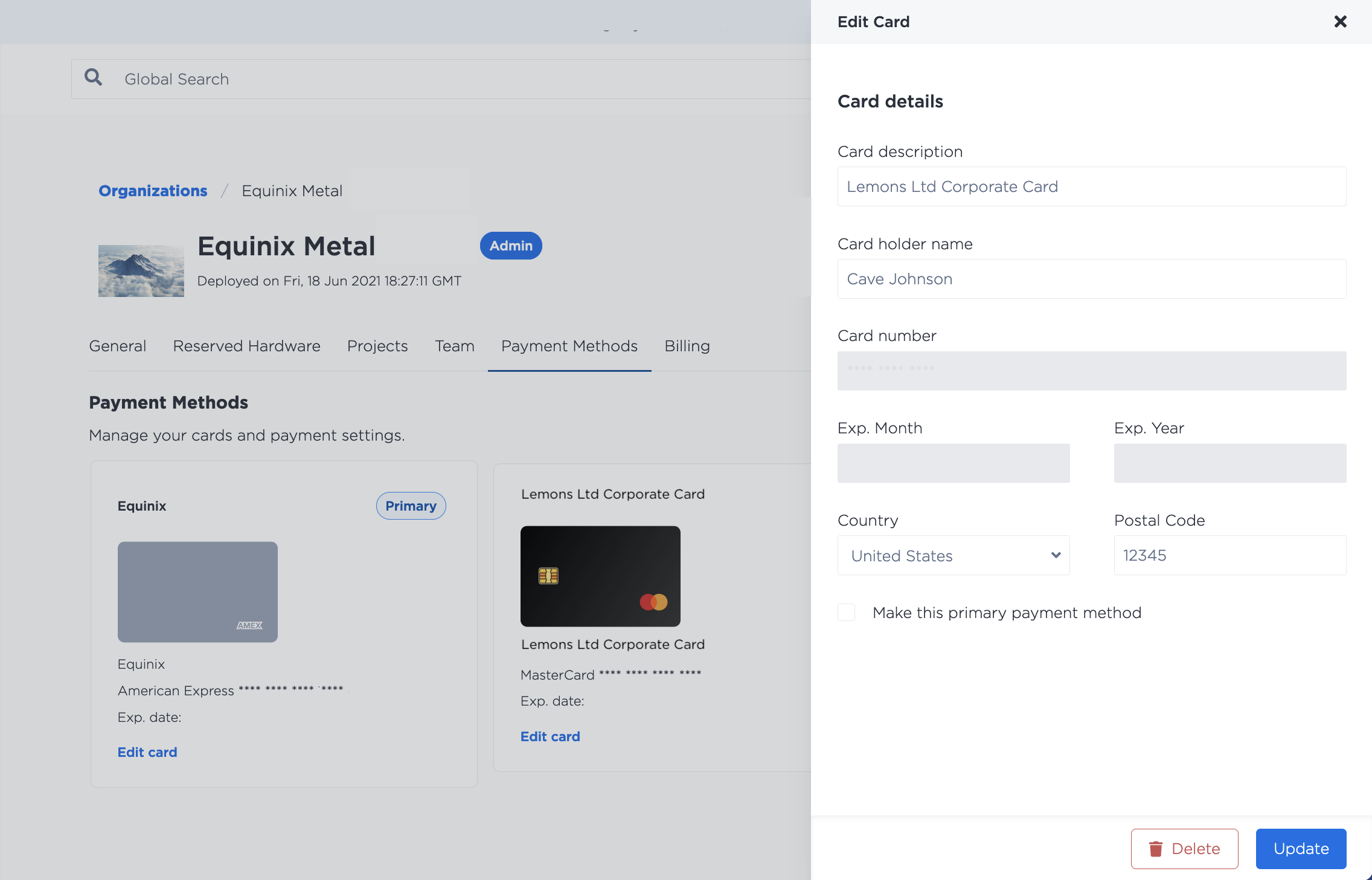 Edit Payment Method Panel
