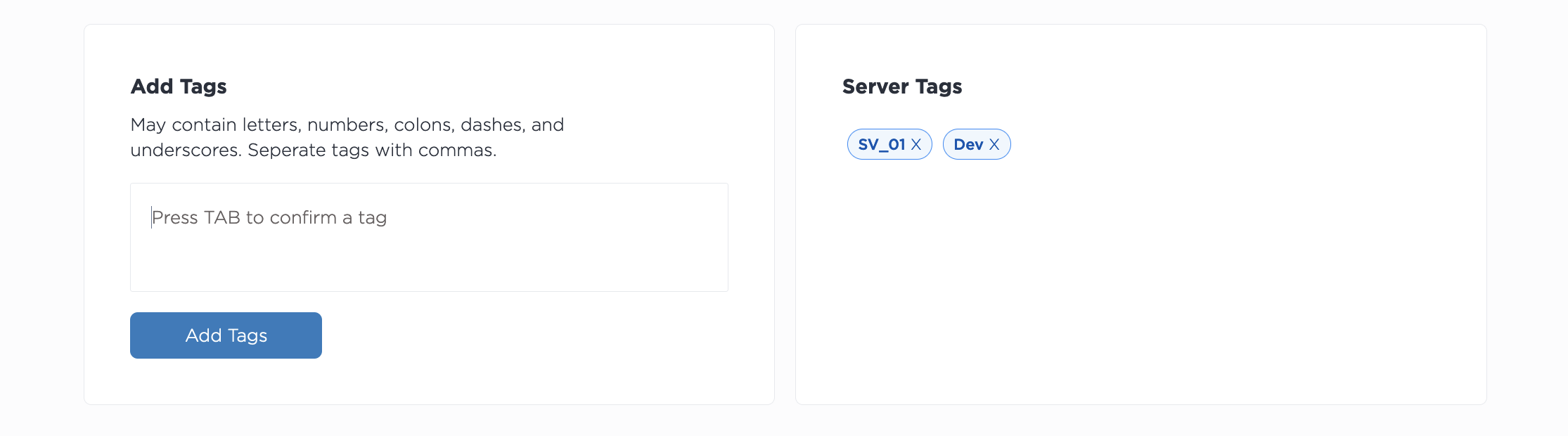 Screenshot of a server's current tags