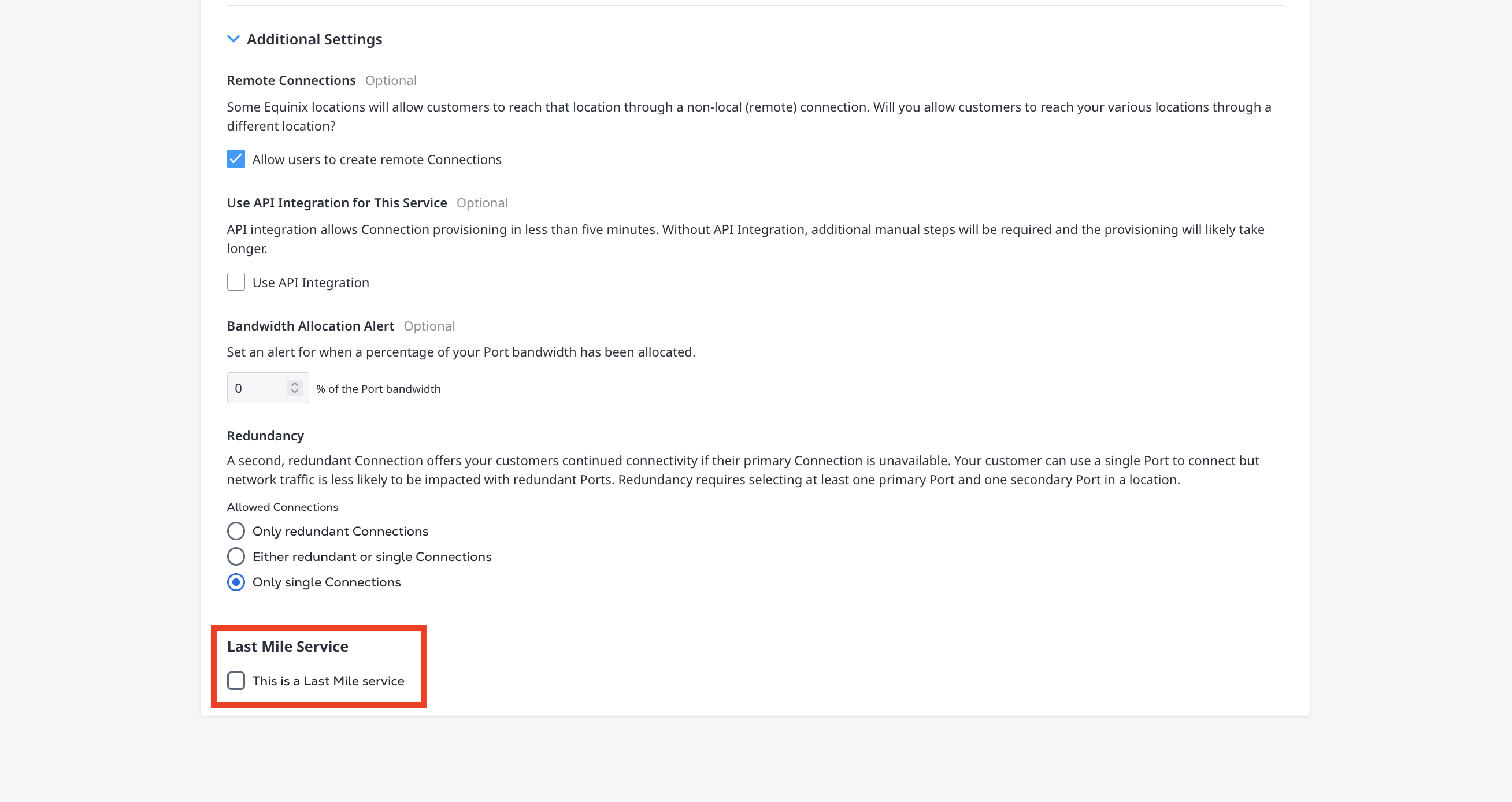 Last Mile service settings in service profile