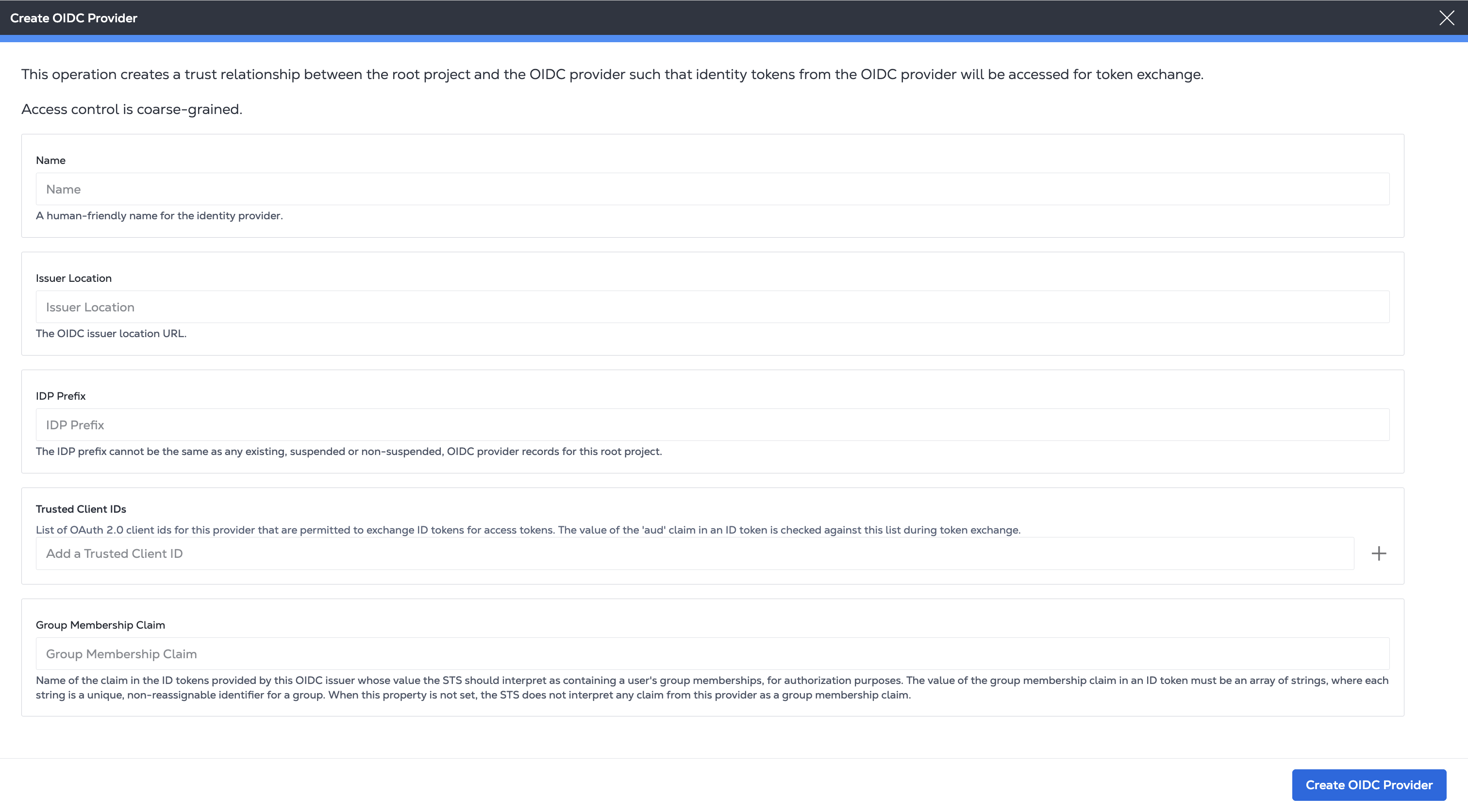 Create OIDC Provider page in the Customer Portal