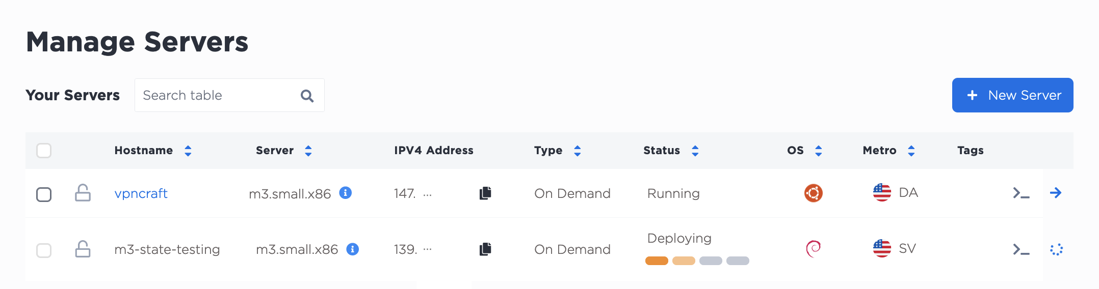 Screenshot of the console Manage Server list