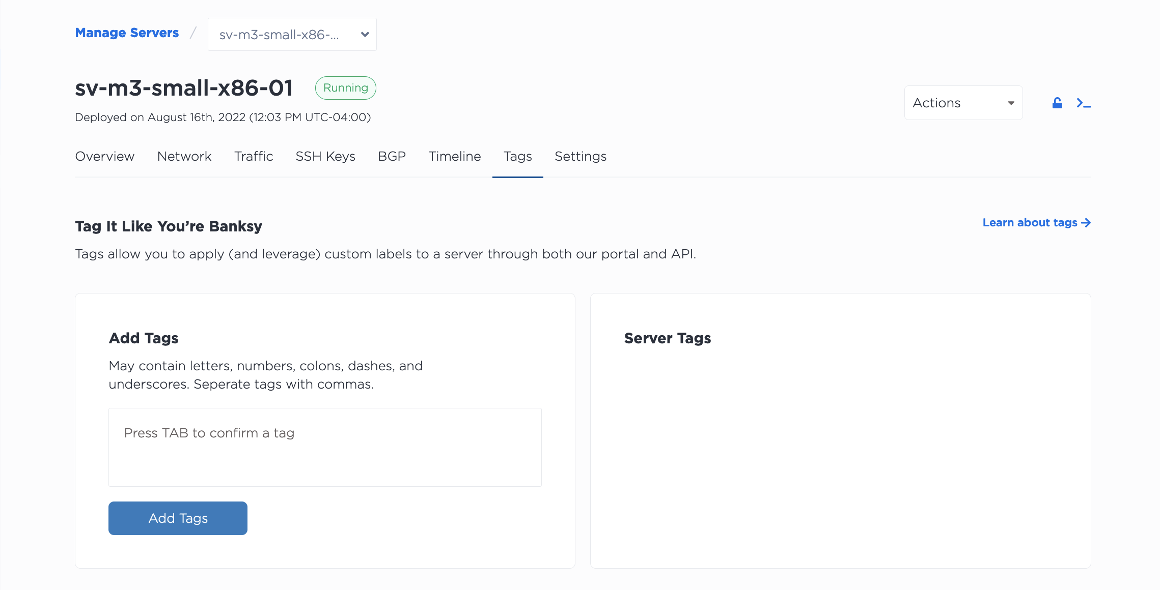 Screenshot of a server's Tags tab