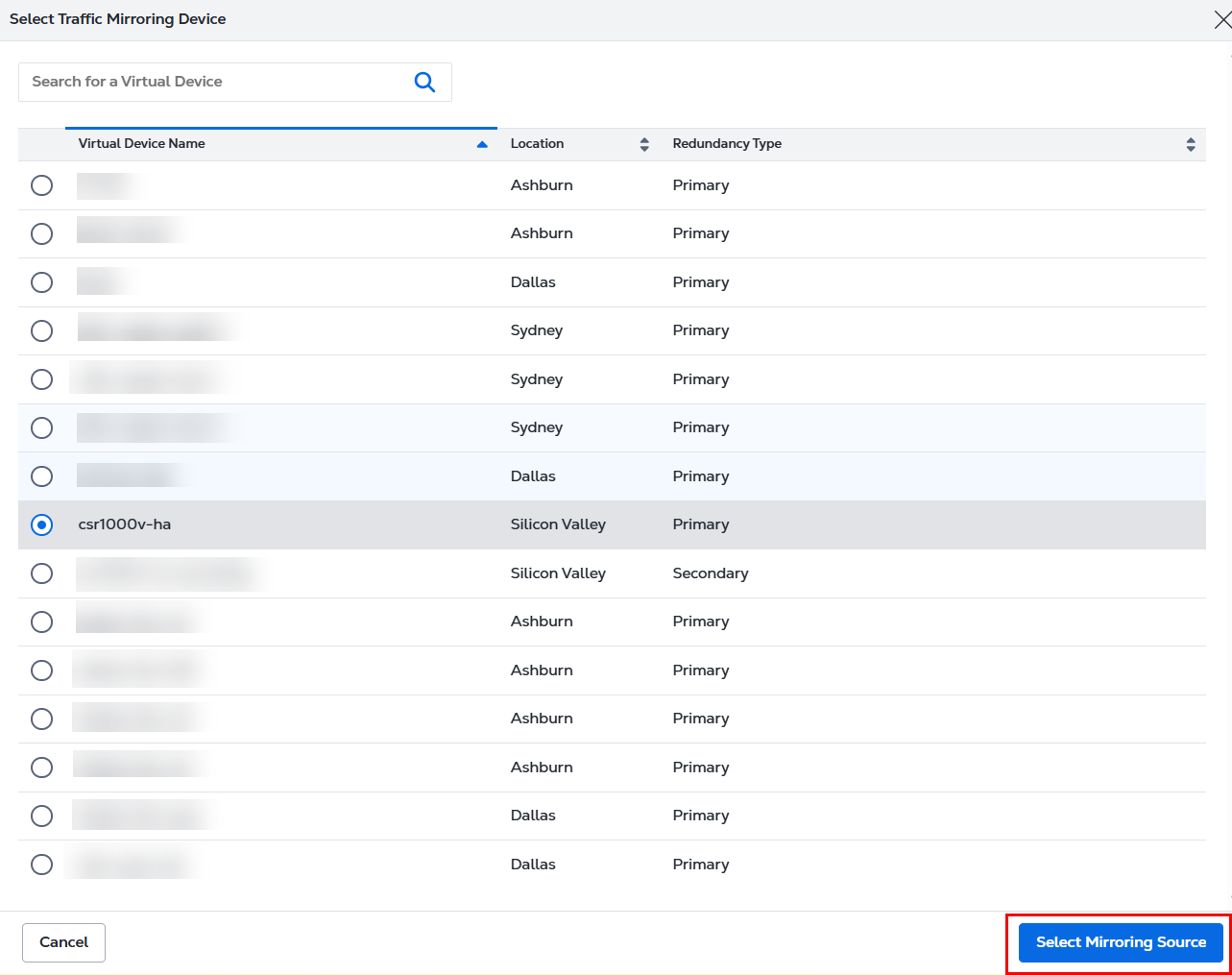 Select Mirroring Source button
