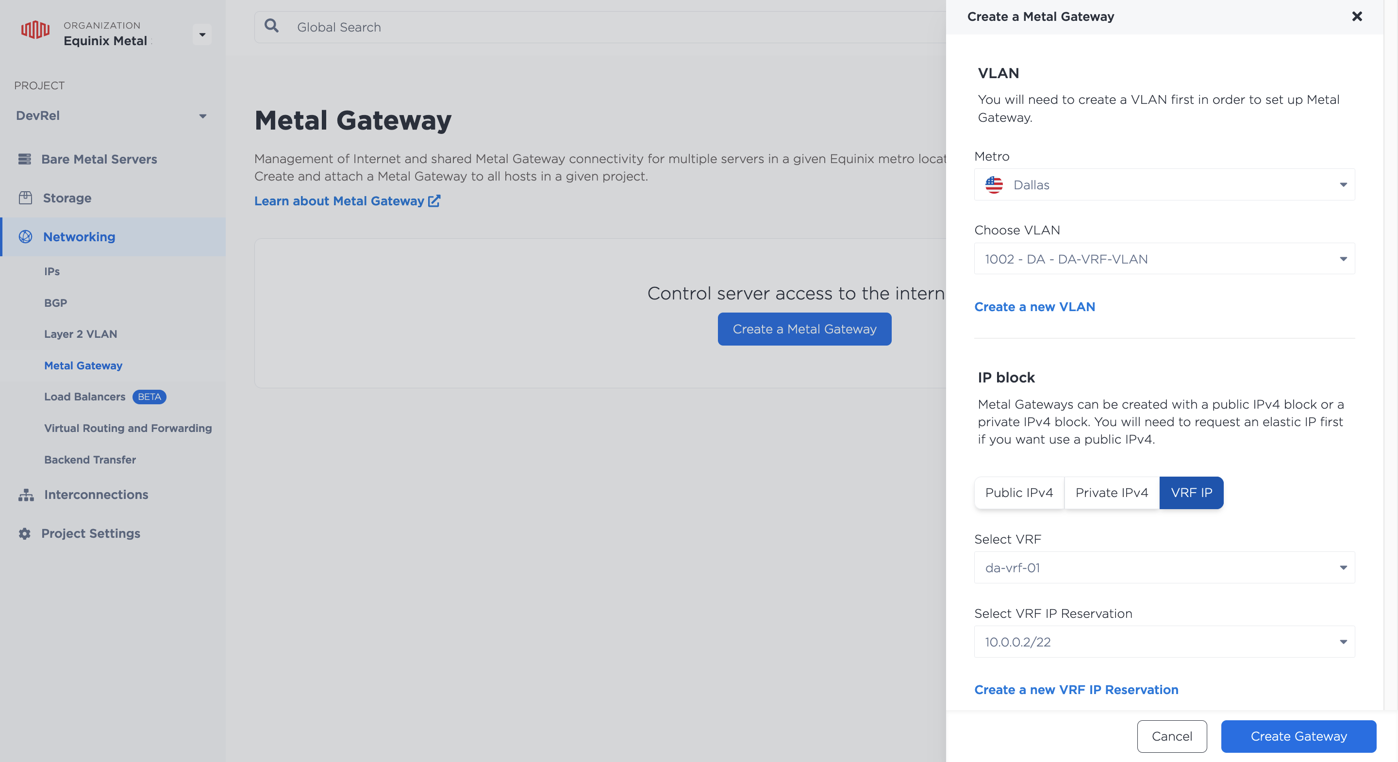Creating a VRF's Metal Gateway in the Console