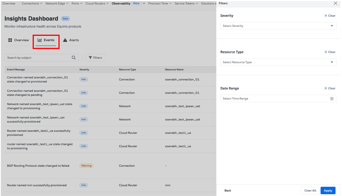 Insights Dashboard Events