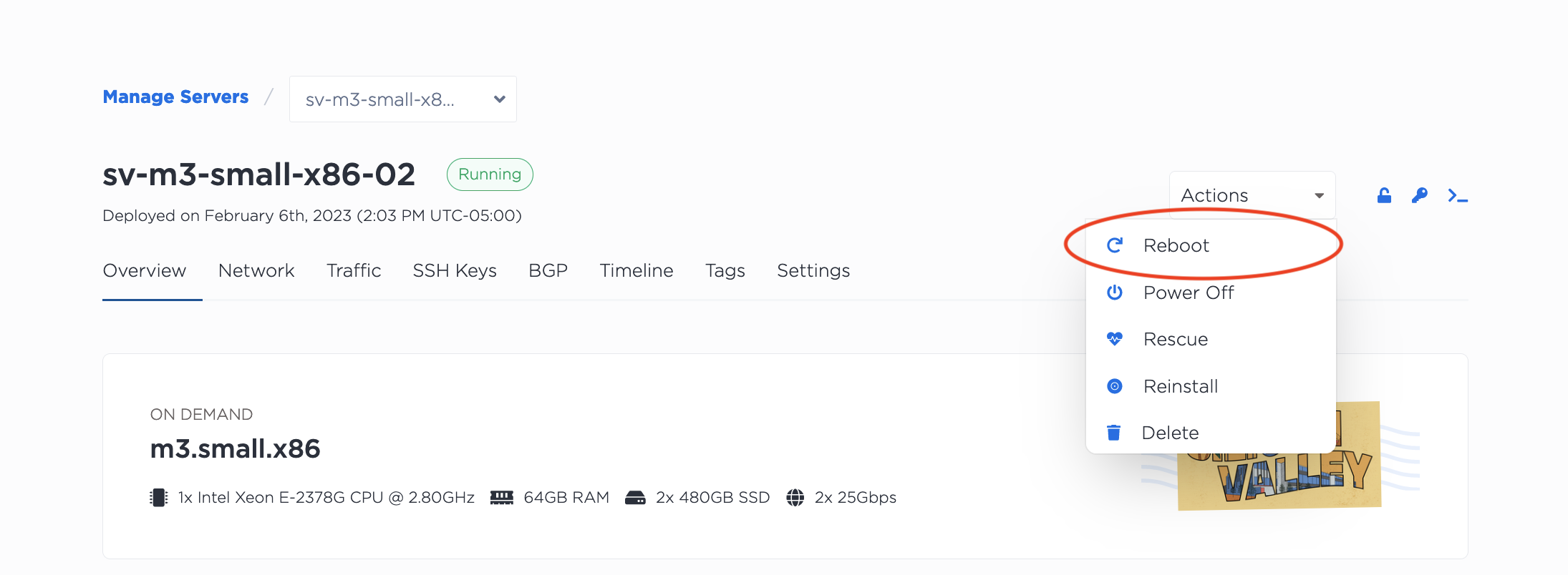 Screenshot of Reboot on the Server Actions Menu