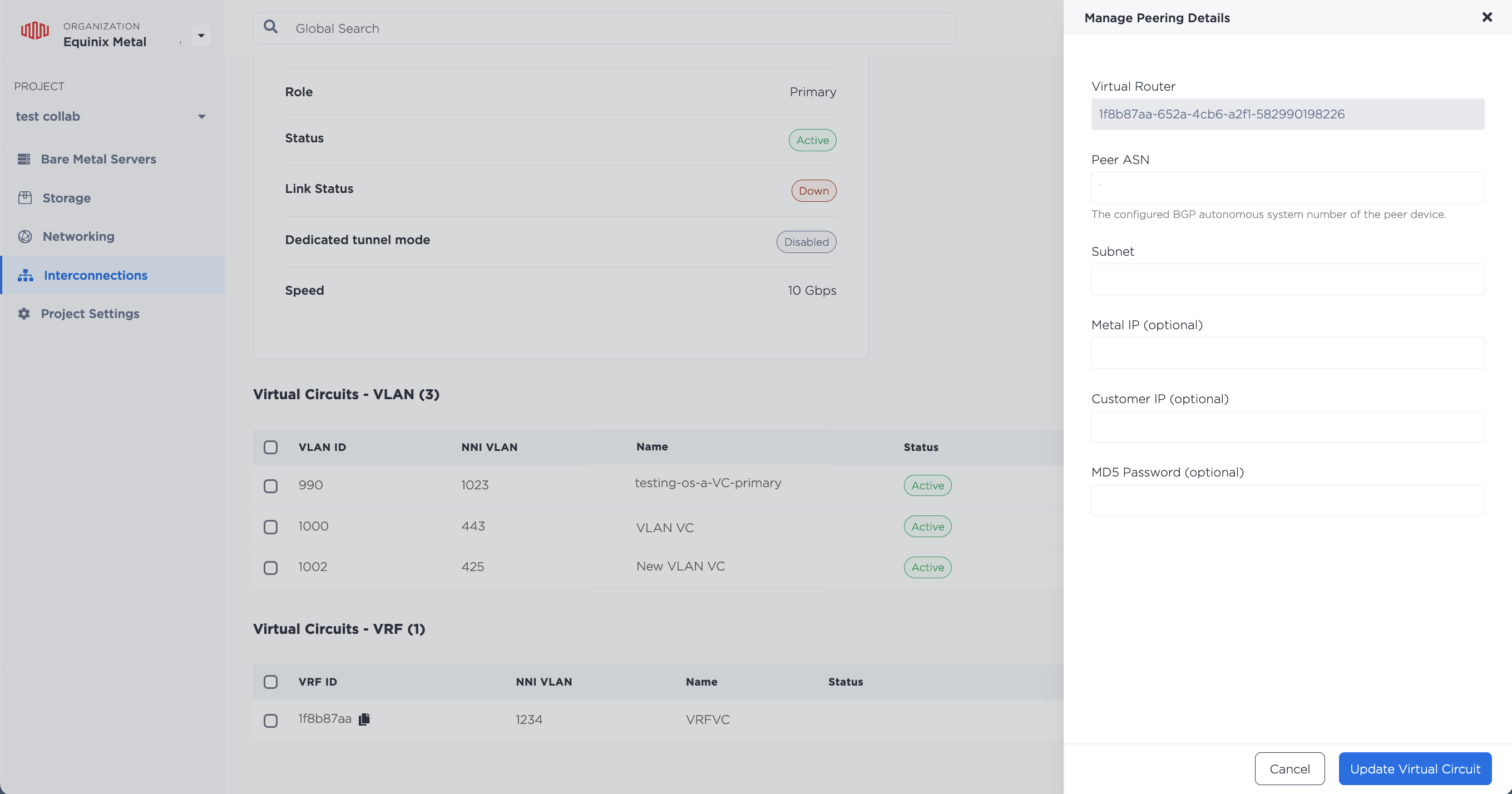 Updating Peering Details in the Console
